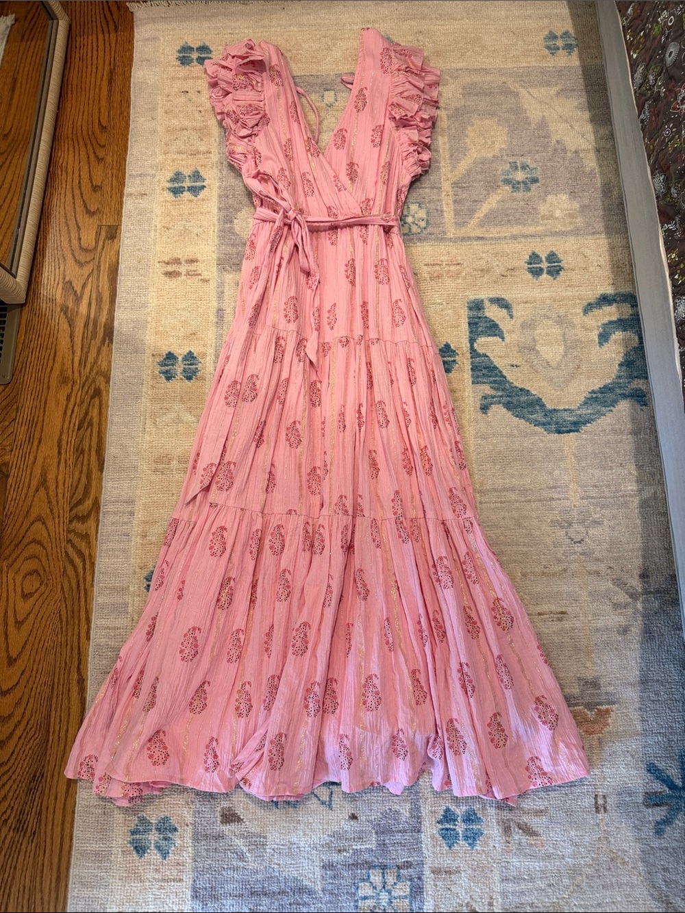Pink Ruffle V-Neck Maxi Dress with Tie Waist